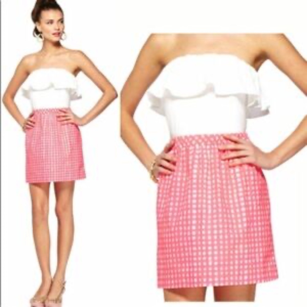 Lilly Pulitzer Athens Strapless Mini Dress Yummy Melon Pink Gingham‎ Size XS - Picture 3 of 8
